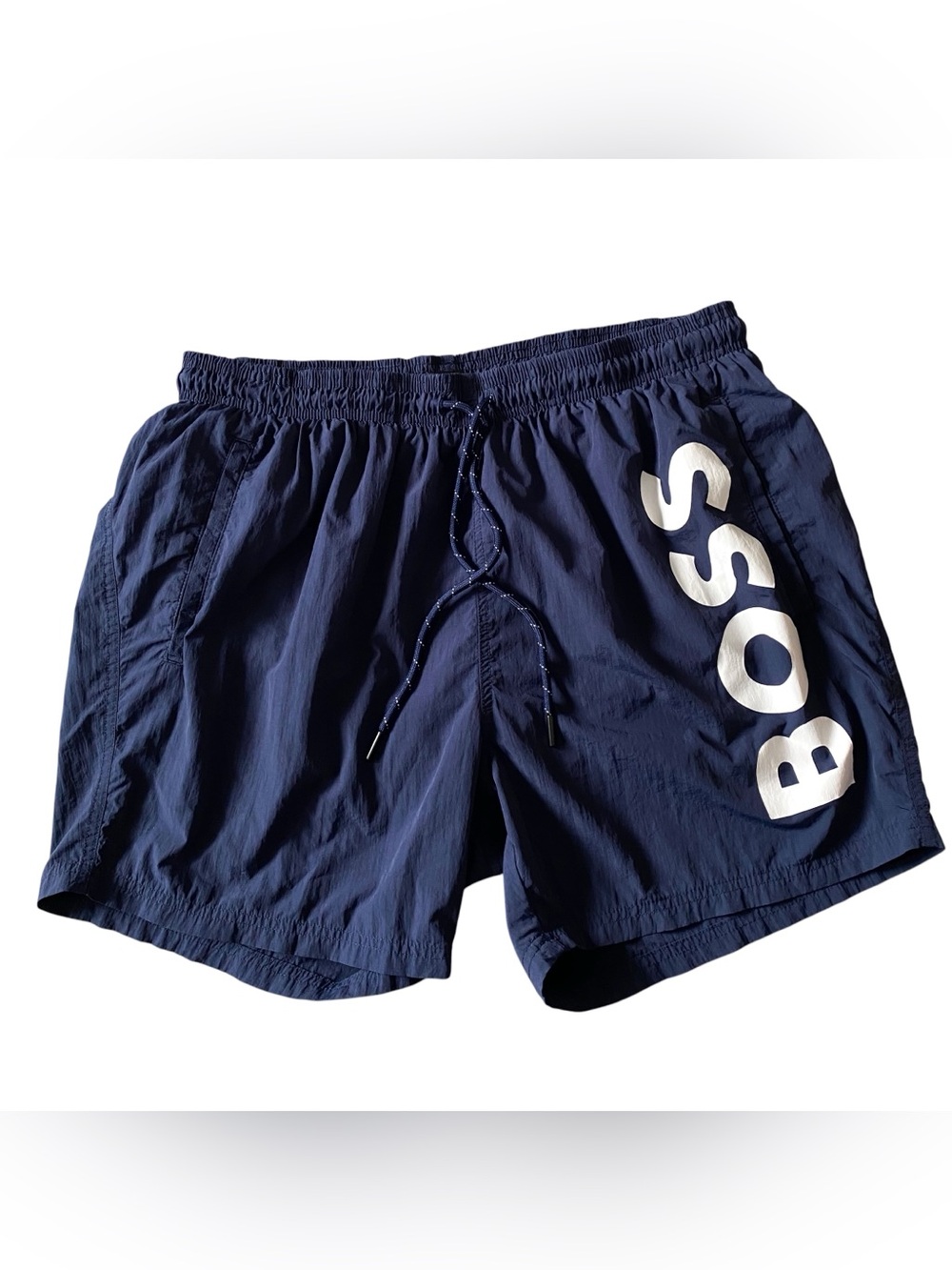 BOSS Mooneye Swim Trunks Mens XXL Navy Logo Drawstring 5” Quick Dry Beach Shorts